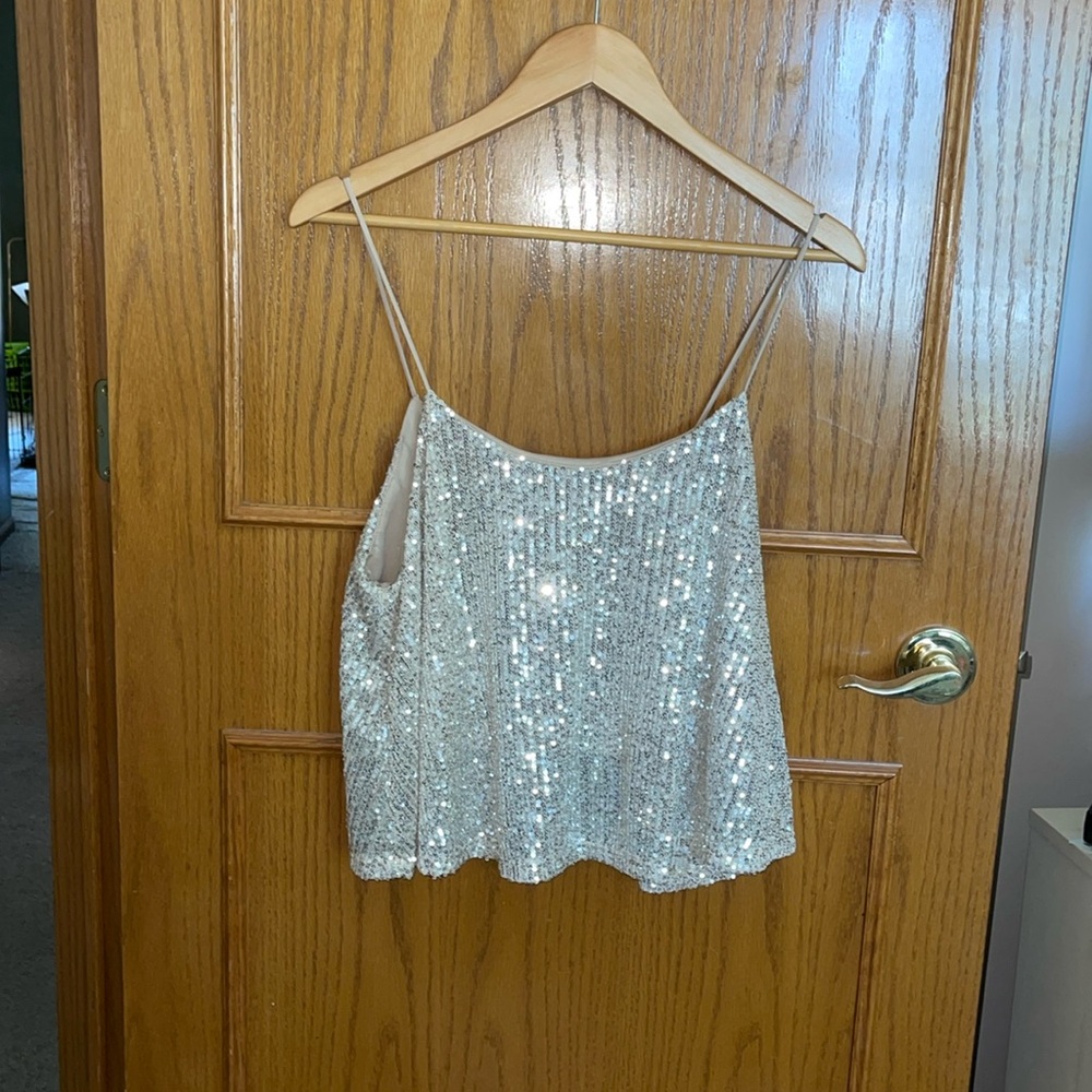 BUCKETLIST Silver Sequin Spaghetti Strap Tank Top